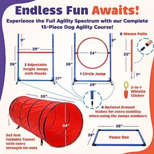 15 Piece Dog Agility Course Backyard Set Dog Agility Training Equipment Set Includes Dog Agility Tunnel 3 Dog Agility Jumps 8 Dog Agility Weave Poles More Best Dog Obstacle Course Backyard Set 0 0