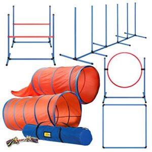 Complete Deluxe Dog Agility Training Equipment Set 2 Dog Jumps Hurdle Blind 2 Standard Tunnels And 6 Weave Poles Premium Dog Agility Exercise Set With Easy Fun Carry Case 0
