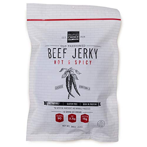 Peoples Choice Beef Jerky Old Fashioned Hot Spicy Healthy Sugar Free Zero Carb Gluten Free Keto Friendly High Protein Meat Snack Dry Texture 1 Pound 16 Oz 1 Bag 0