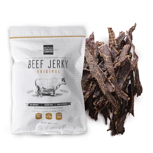 Peoples Choice Beef Jerky Old Fashioned Original Healthy Sugar Free Zero Carb Gluten Free Keto Friendly High Protein Meat Snack Dry Texture 1 Pound 16 Oz 1 Bag 0