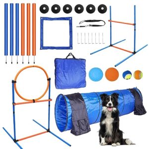 Premium Dog Agility Training Equipment Set Outdoor Indoor Tire Jump Hurdle Jump Tunnel Weave Poles Wstand Pause Box 2 Toy Balls 2 Flying Discs 1 Whistle Carry Bag Dog Obstacle Course Kit 0