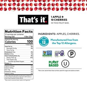 Thats It Apple Cherry 100 Natural Real Fruit Bar Best High Fiber Vegan Gluten Free Healthy Snack Paleo For Children Adults Non Gmo No Sugar Added No Preservatives Energy Food 12 Pack 0 1